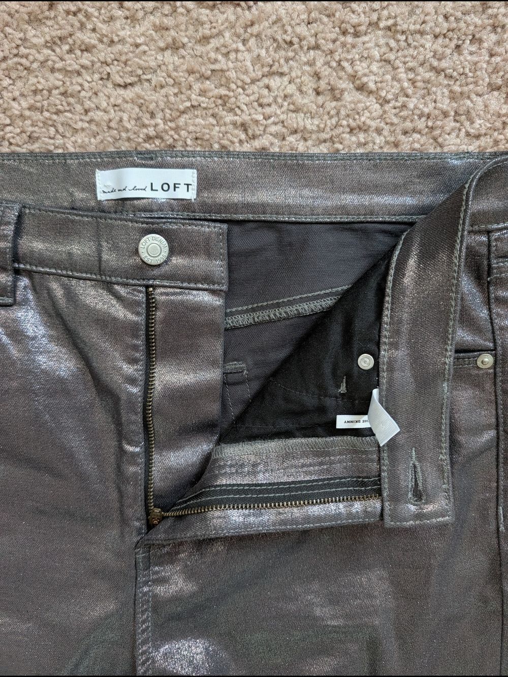 Loft Womens Pewter Metallic Gray Coated High Rise Skinny Jeans Size 31/12 - Picture 9 of 15